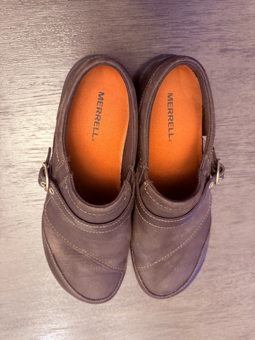 Merrell Brown Slip-On Clog with Orange Insole and Buckle Size 8.5